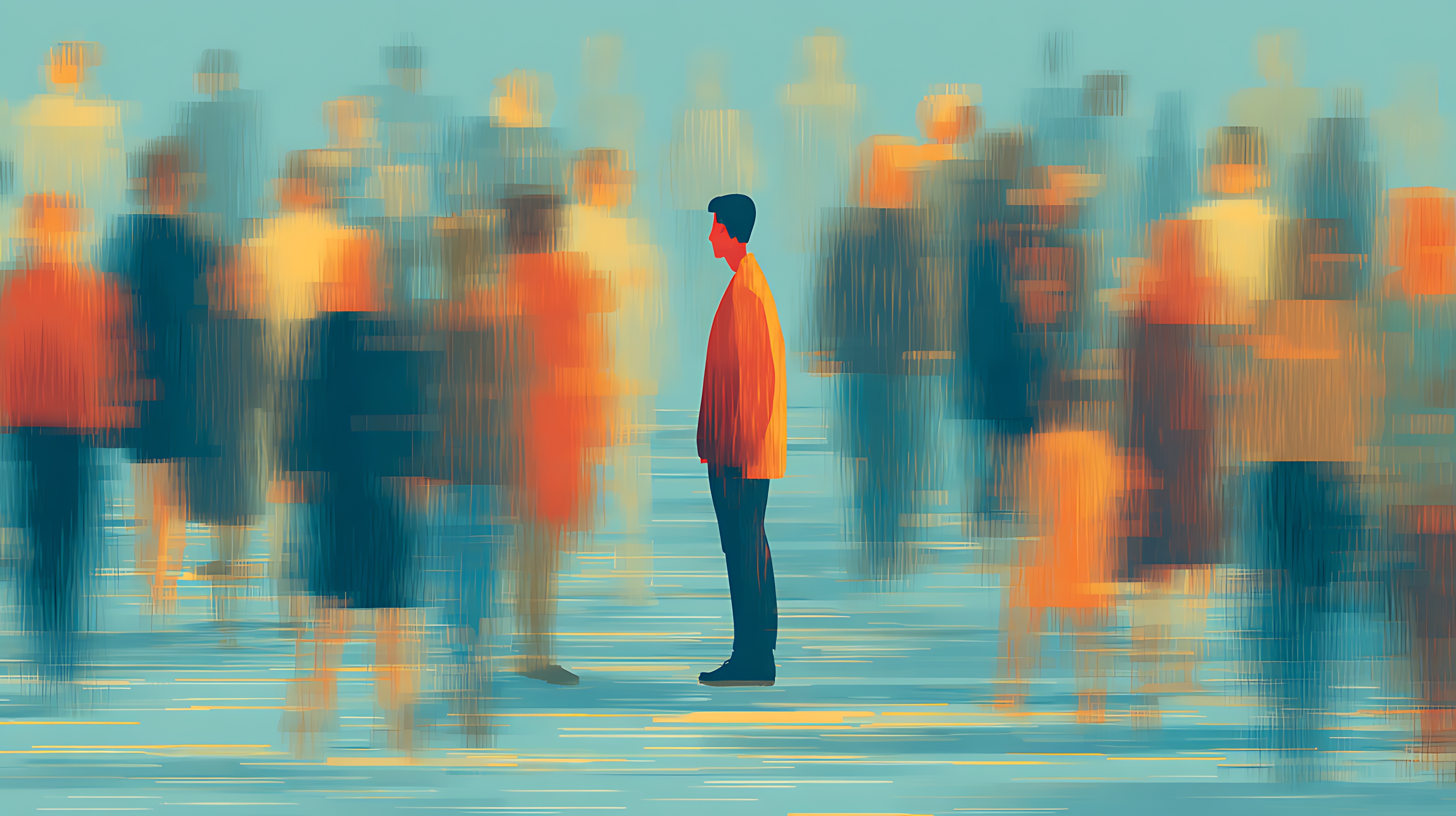 Isolated individual standing among blurred crowd. 